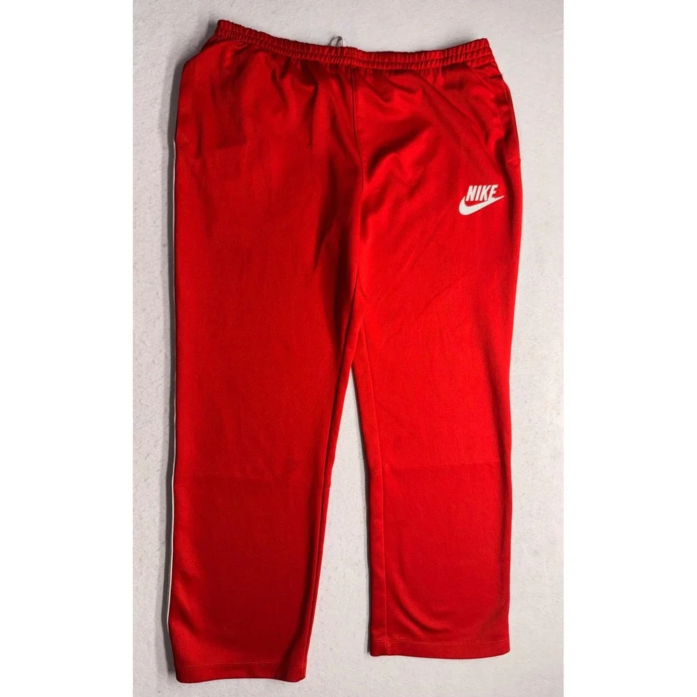 Nike Sportswear Mens XXL Red Track Pants White Side Stripe Zipper Pocket
